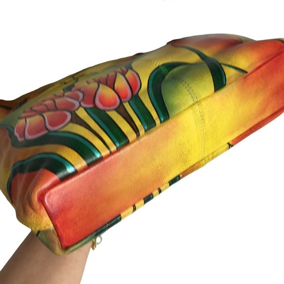 Anuschka NEVER USED Handpainted Leather Tote Shoulder Dragonfly Floral - Picture 9 of 13